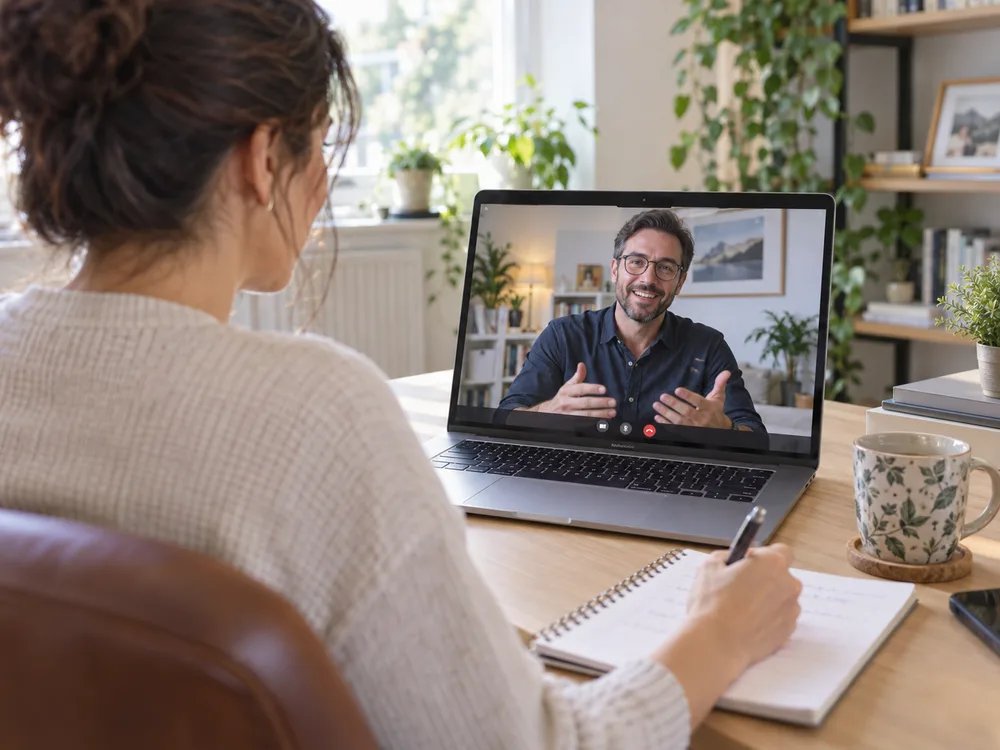 Illustratives Online-Coaching: Eine Teilnehmerin spricht per Videoanruf mit ihrem Coach.