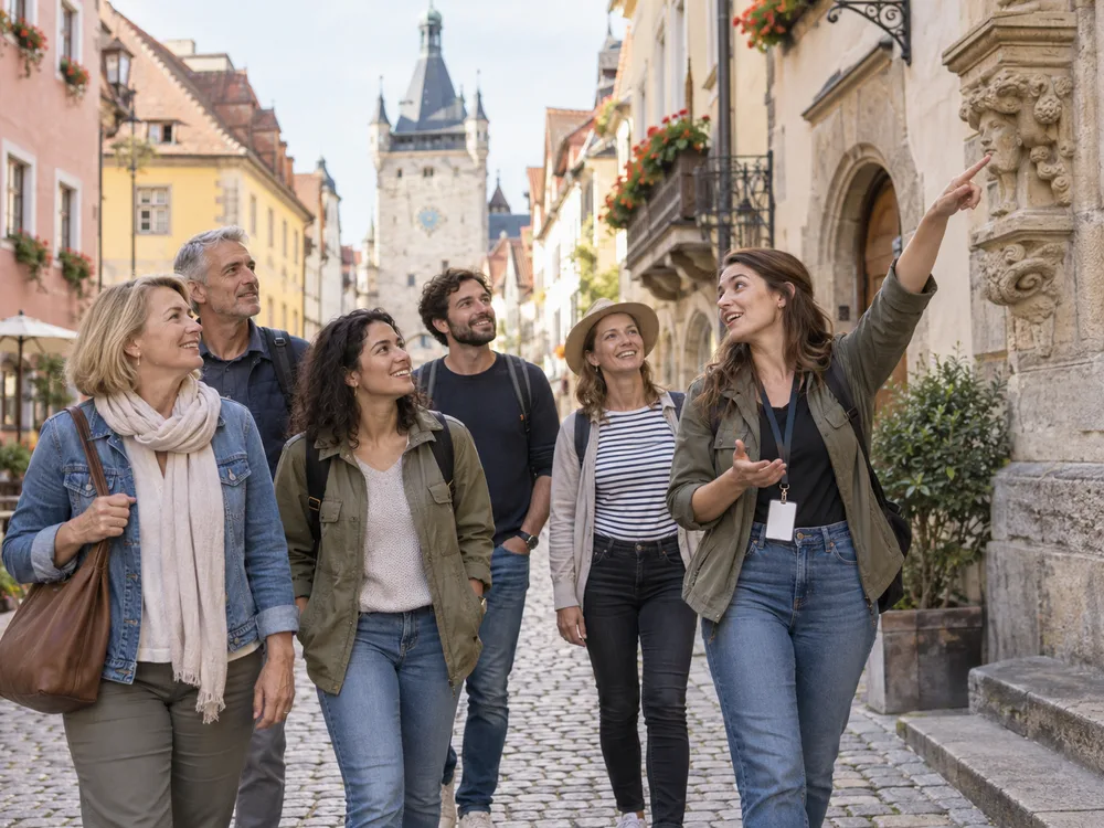 Illustrative Stadtführung durch eine historische Altstadt.