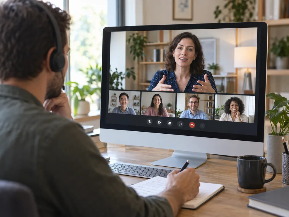 Illustratives Online-Seminar mit Dozentin und mehreren Teilnehmern per Videokonferenz.