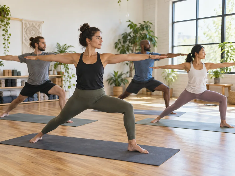 Illustrative Yogastunde in einem hellen Studio.